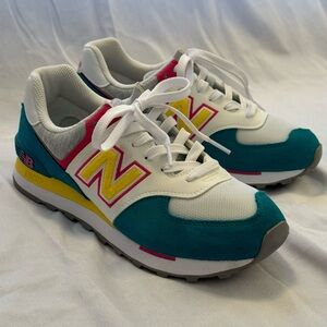 NEW BALANCE WL574VAD US 8.5 white/teal/yellow/hot pink sneakers